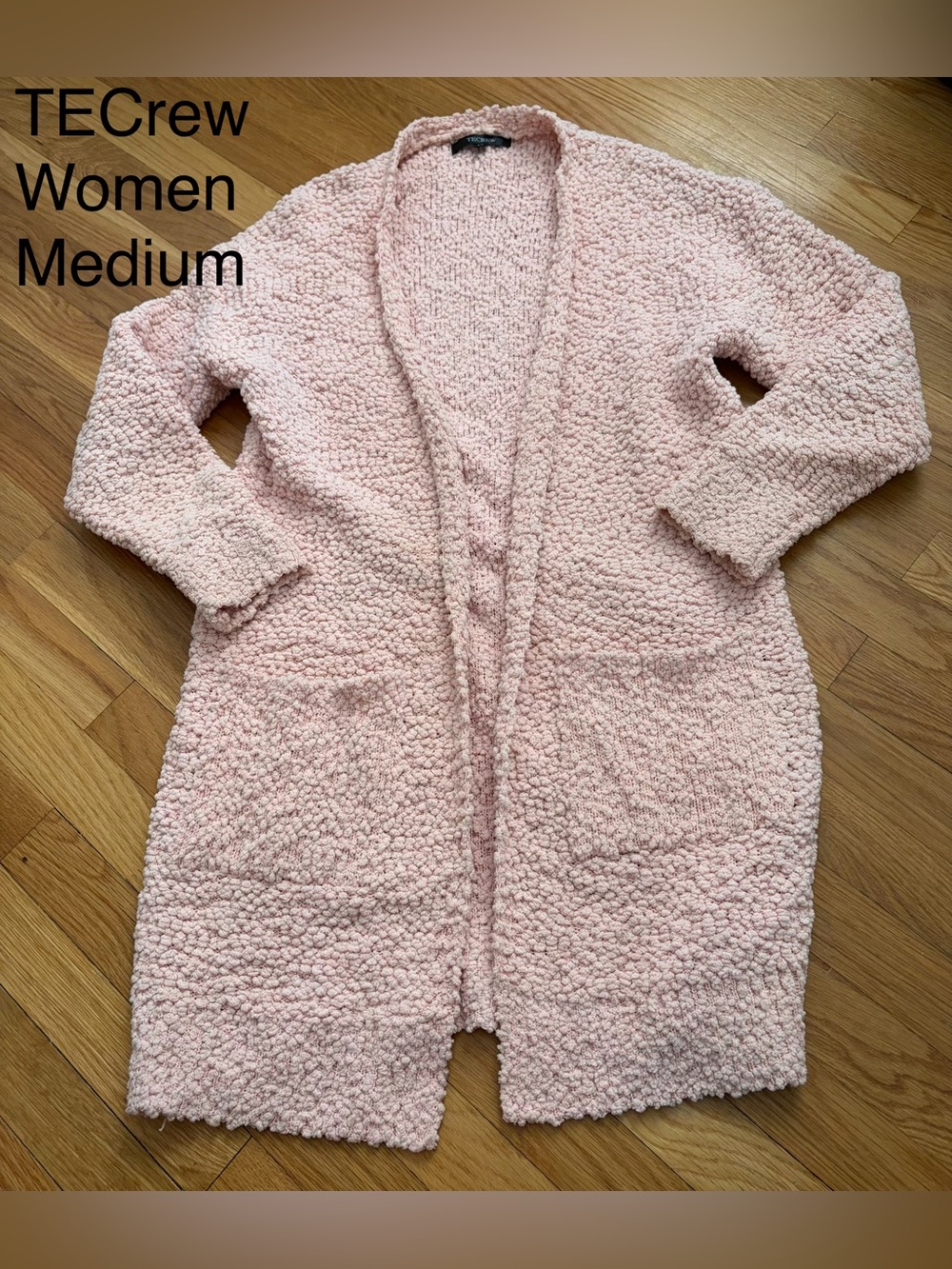 Cozy Open-Front Pink Bouclé Cardigan by TE Crew